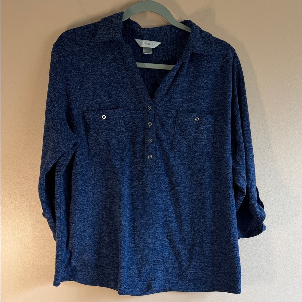 CJ Banks Blue Long Sleeve Henley Pullover